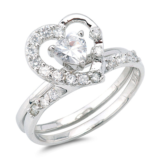 Heart White CZ Wedding Ring Set New .925 Sterling Silver Band Sizes 5-9