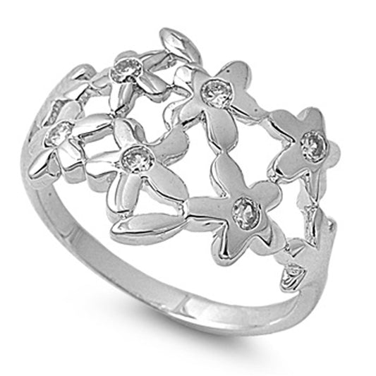 Clear CZ Flower Leaf Garden Cute Ring New .925 Sterling Silver Band Sizes 5-9