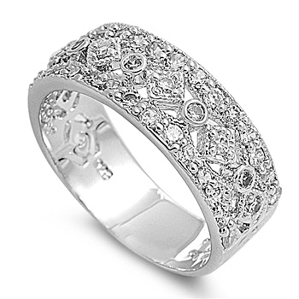 Clear CZ Polished Filigree Ring New .925 Sterling Silver Thumb Band Sizes 5-9