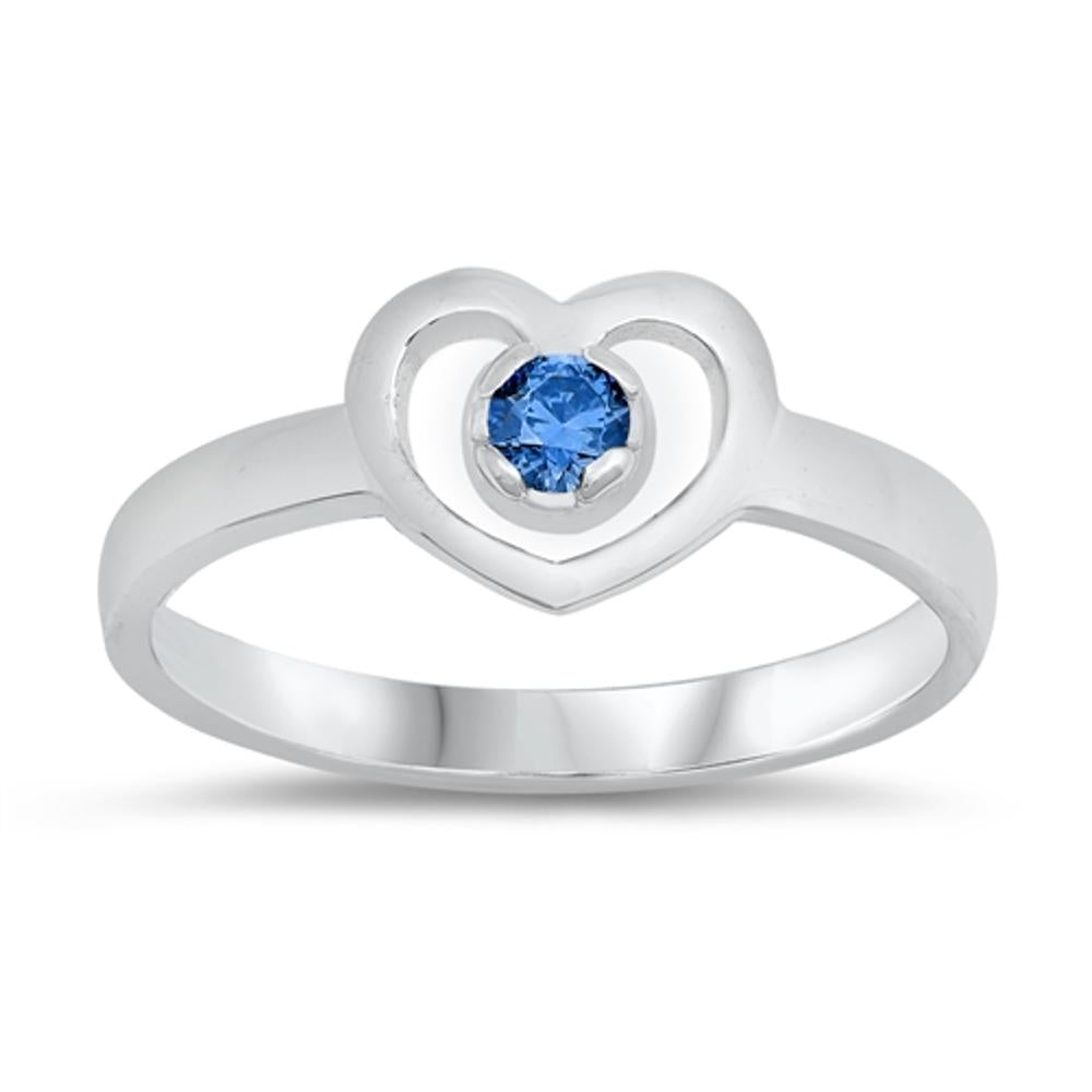 Blue Sapphire CZ Polished Heart Cutout Ring .925 Sterling Silver Band Sizes 1-5