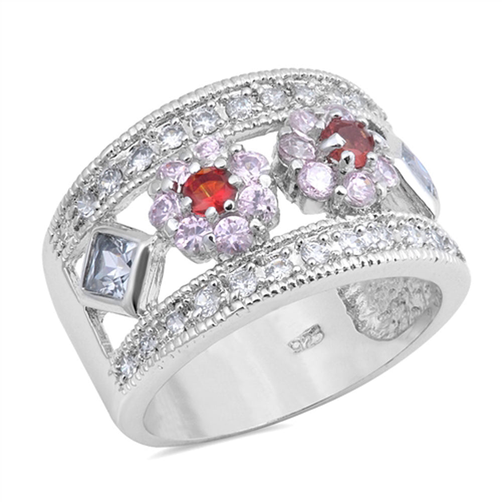 Garnet CZ Wide Flower Vintage Filigree Ring .925 Sterling Silver Band Sizes 6-9