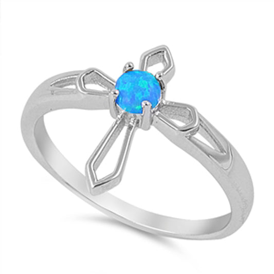 Blue Lab Opal Cross Cutout Religious Simple Ring Sterling Silver Band Sizes 5-10