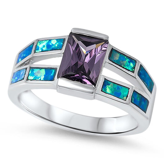 Emerald Cut Amethyst CZ Blue Lab Opal Ring .925 Sterling Silver Band Sizes 6-10