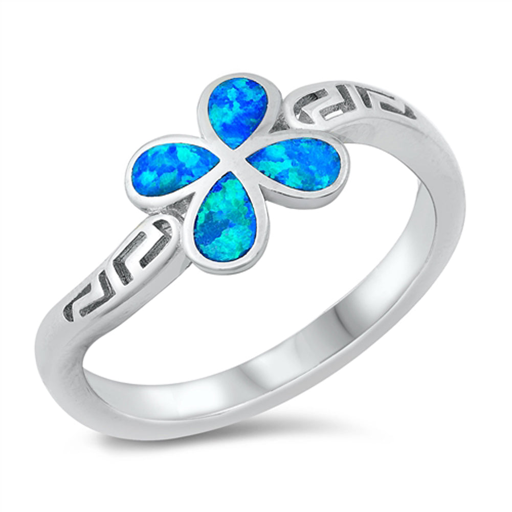 Blue Lab Opal Greek Key Flower Ring .925 Sterling Silver Sizes 5-10