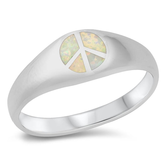 Classic Peace Sign Ring White Lab Opal .925 Sterling Silver Band Sizes 5-10