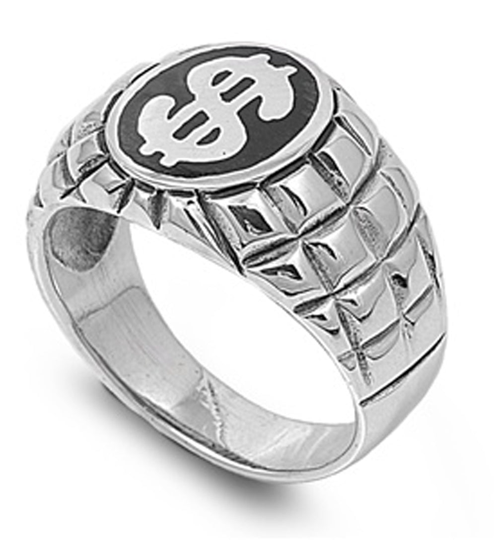 Dollar Sign Cash Bill Money Heavy Ring New .925 Sterling Silver Band Sizes 8-13