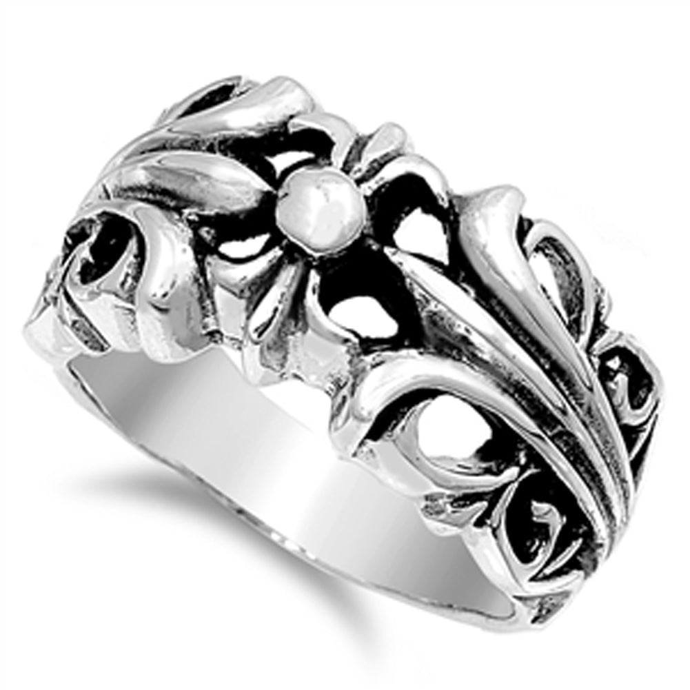 Fleur De Lis Oxidized Filigree Statement Ring Sterling Silver Band Sizes 6-10