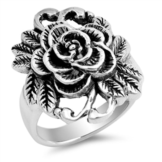 Oxidized Rose Flower Leaf Bouquet Classic Ring Sterling Silver Band Sizes 6-10