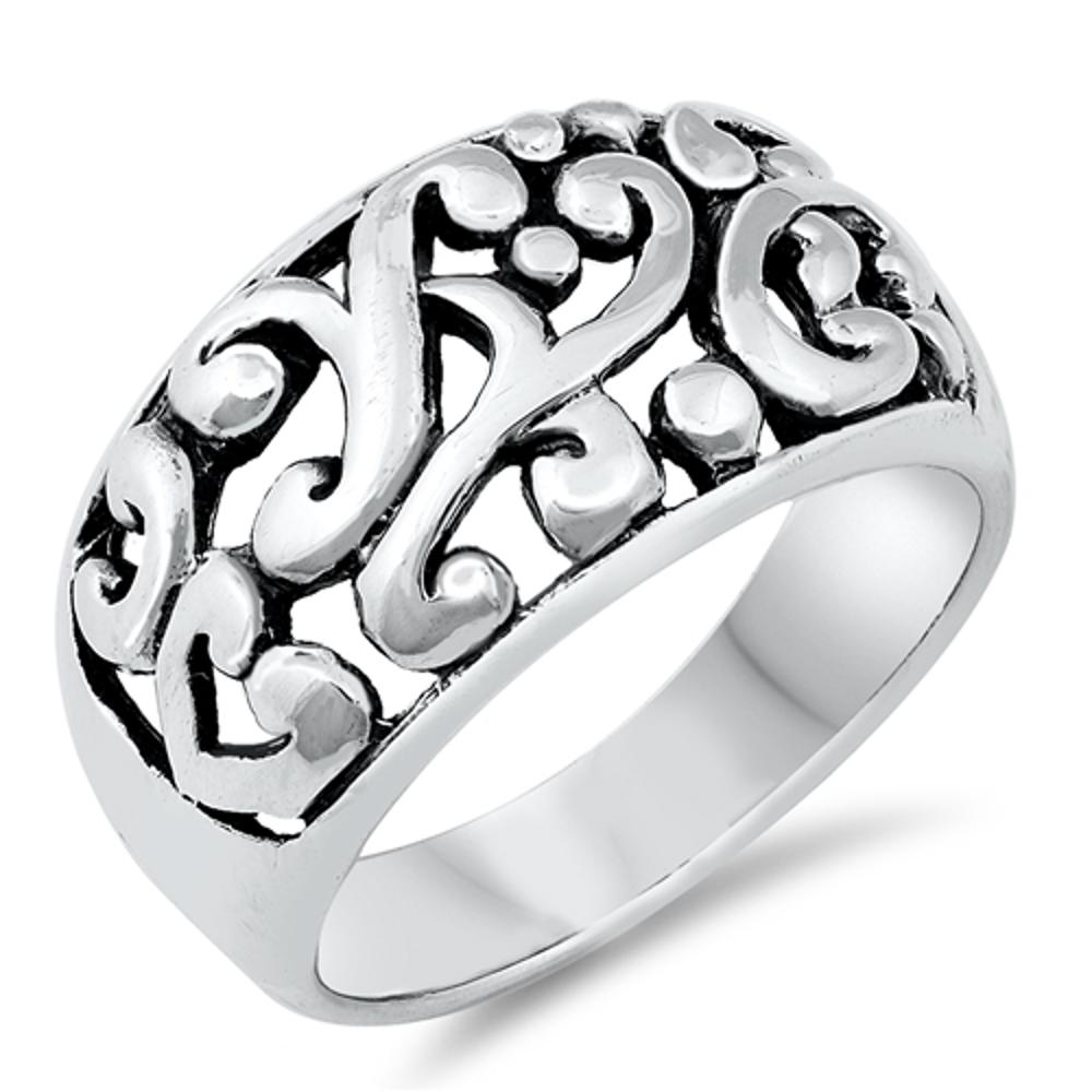 Oxidized Filigree Vine Ball Bead Wide Ring .925 Sterling Silver Band Sizes 6-10