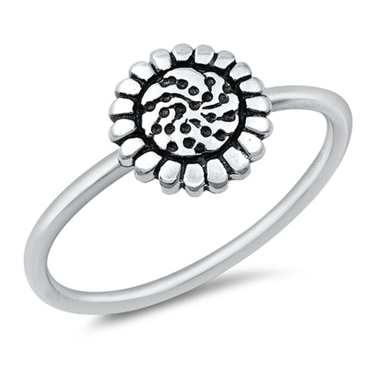 Polished Ring New Oxidized Center Scalloped Sunflower .925 Sterling Silver Band Sizes 4-10