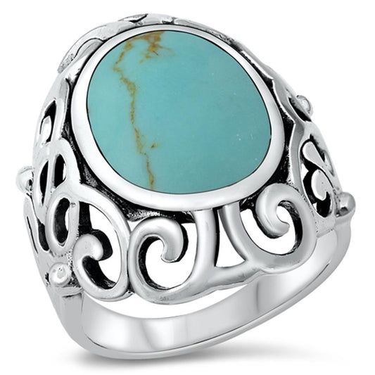 Turquoise Polished Swirl Cutout Filigree Ring Sterling Silver Band Sizes 5-10