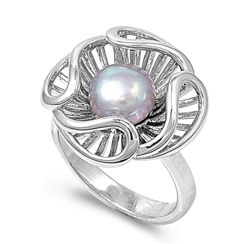 Freshwater Pearl Elegant Unique Flower Ring .925 Sterling Silver Band Sizes 6-10