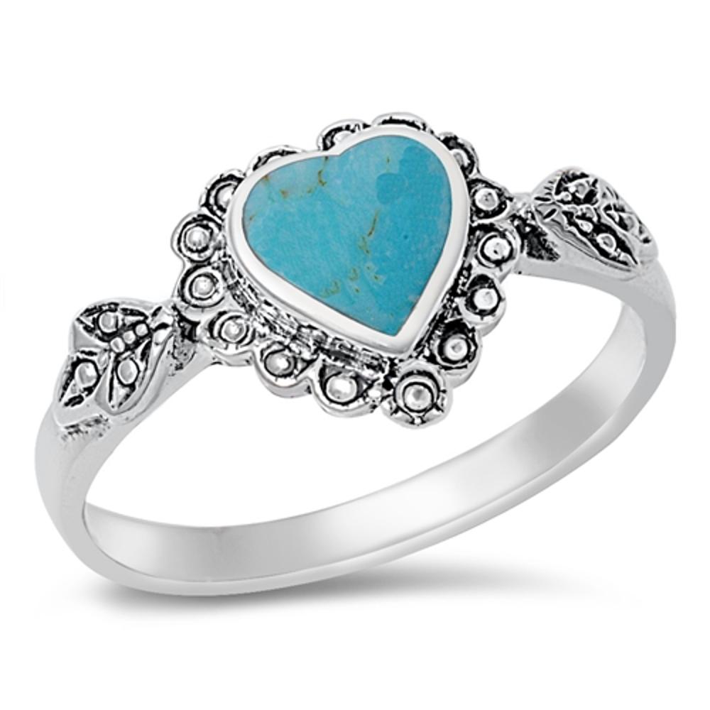 Turquoise Heart Leaf Bali Simple Ring New .925 Sterling Silver Band Sizes 5-10