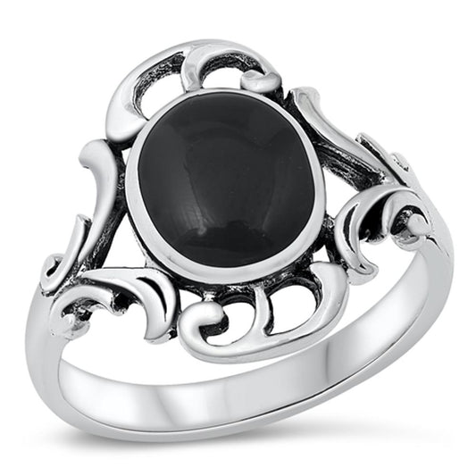 Black Onyx Oval Solitaire Polished Swirl Ring Sterling Silver Band Sizes 5-9