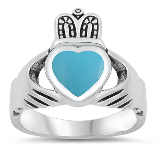 Turquoise Claddagh Heart Polished Ring New .925 Sterling Silver Band Sizes 8-12