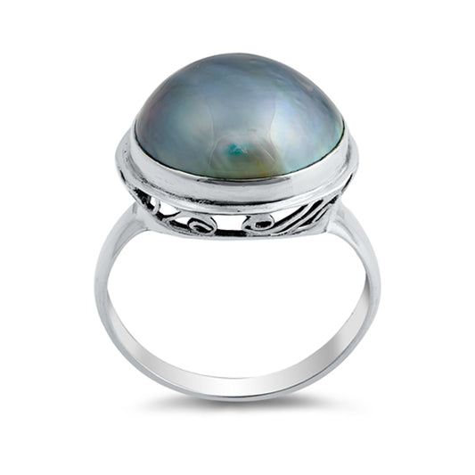 Freshwater Pearl Round Oxidized Swirl Ring .925 Sterling Silver Band Sizes 6-9