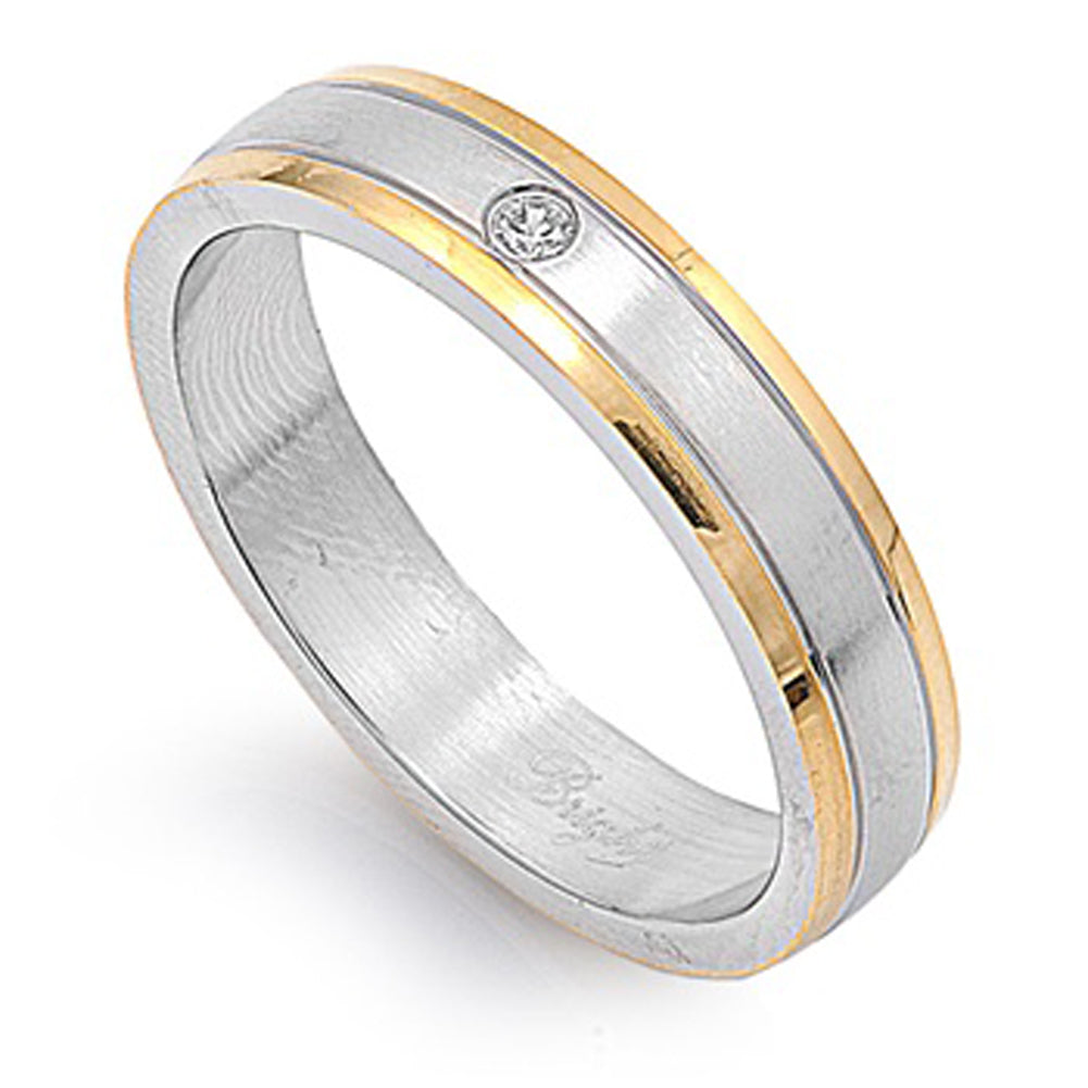 Men's Gold Plated Clear CZ Ring Classic Stainless Steel Band New 5mm Sizes 5-13