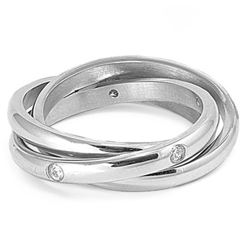 Men's Triple Band White CZ Ring Unique Polished Stainless Steel 3mm Sizes 5-10