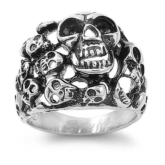 Men's Heavy Skull Heads Biker Ring Stainless Steel Band New USA 20mm Sizes 9-15