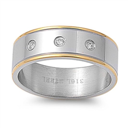 Men's Triple CZ Ring Unique Polished Stainless Steel Band New 8mm Sizes 7-13