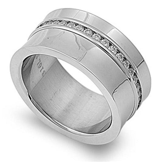 Men's Clear CZ Ring Classic Polished Stainless Steel Band New USA Sizes 6-12