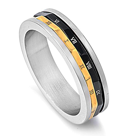 Men's Gold Tone Spinner Roman Numeral Ring Stainless Steel Band 6mm Sizes 7-12