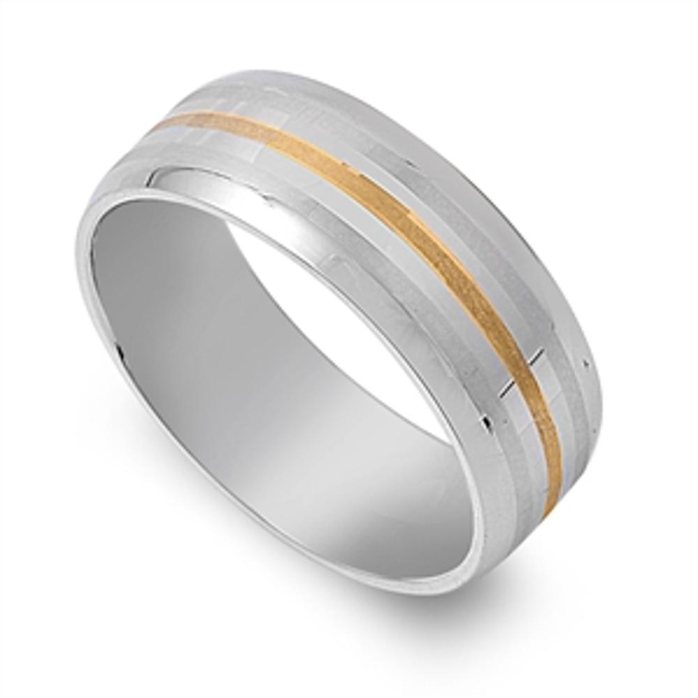 Men's Gold Finish Strip Ring Polished Stainless Steel Band USA Sizes 7-13