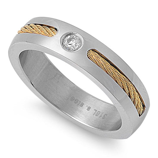 Men's Gold Finish Rope CZ Ring Unique Stainless Steel Band 8mm Sizes 7-13