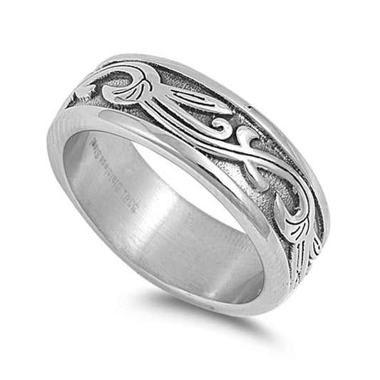 Men's Etched Ring Unique Polished Stainless Steel Band New USA 9mm Sizes 8-14