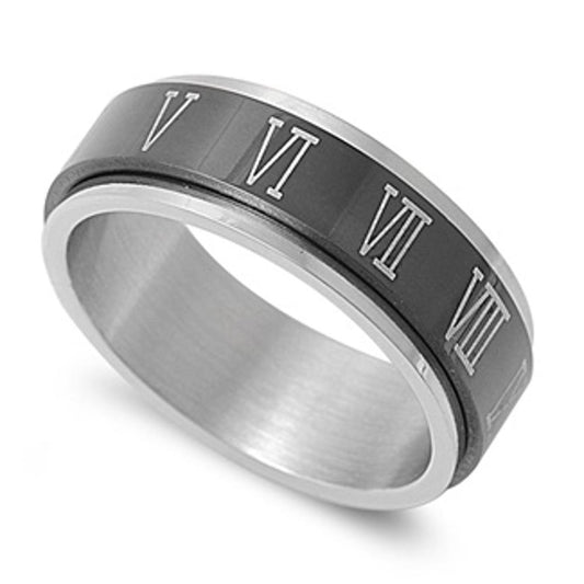 Men's Roman Numeral Spinner Ring Unique Stainless Steel Band New 8mm Sizes 8-13