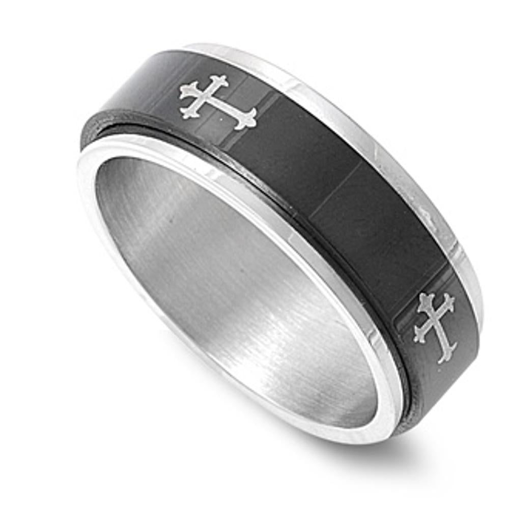 Men's Black Irish Cross Spinner Ring Unique Stainless Steel Band 8mm Sizes 8-13