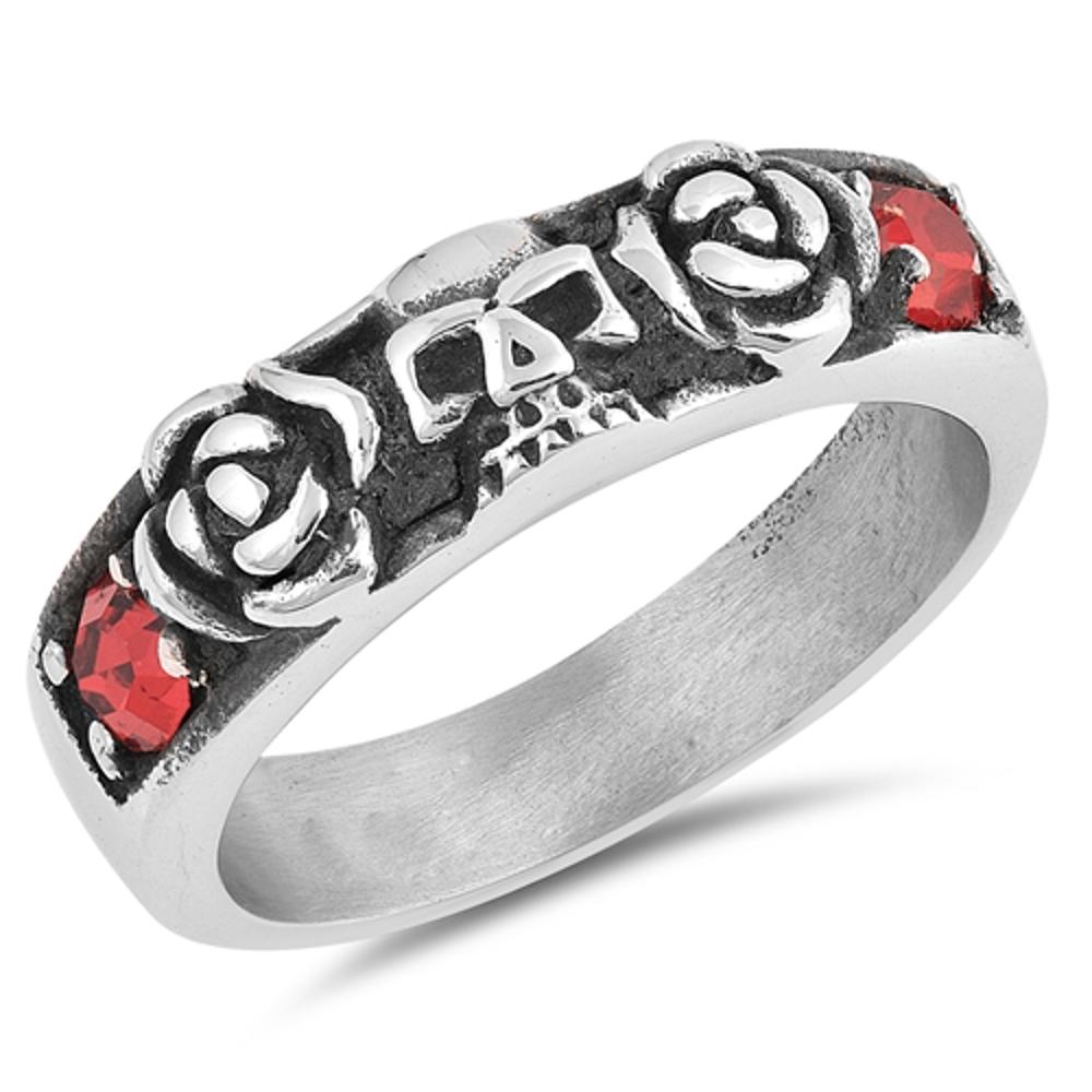 Men's Heavy Skull Rose Garnet CZ Ring Stainless Steel Band USA 7mm Sizes 7-12