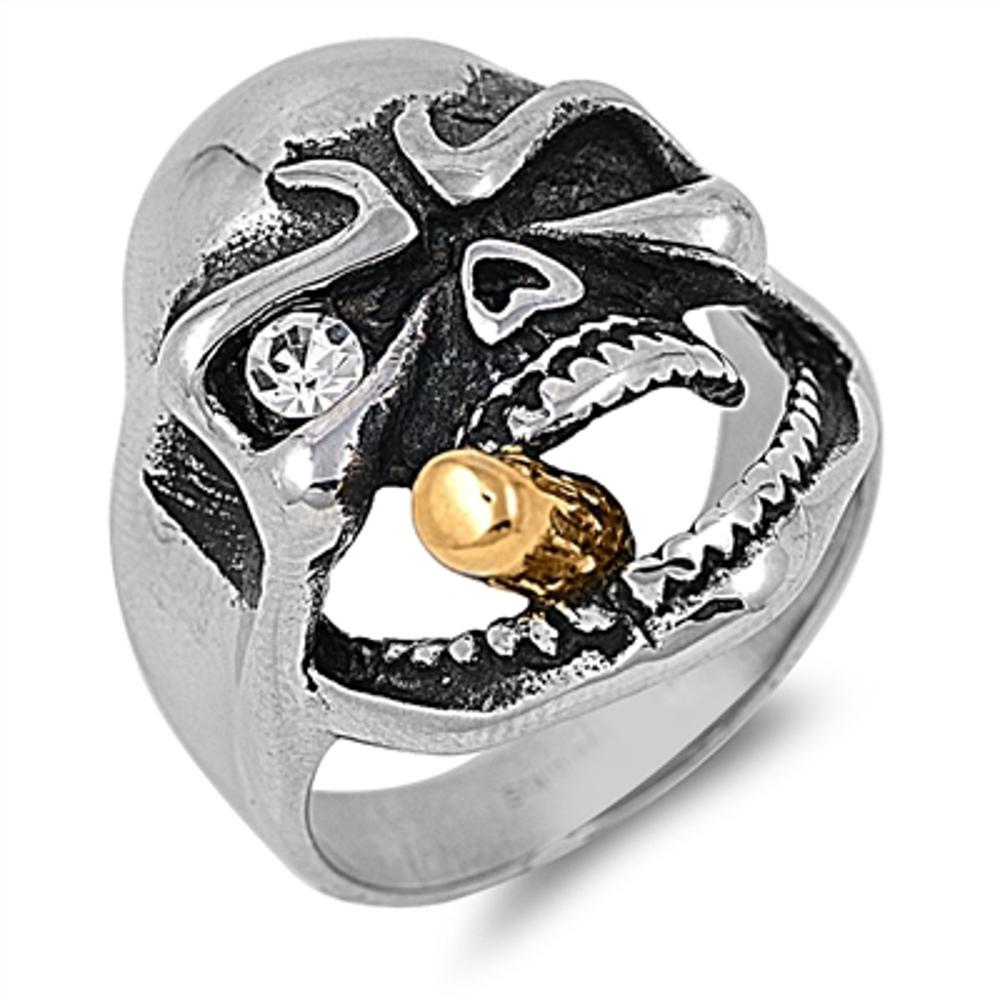 Biker Skull Gold Tone Cigar CZ Eye Ring Stainless Steel Band Sizes 8-17