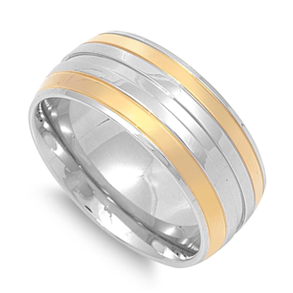 Grooved Gold Tone Men's Wedding Ring New 316L Stainless Steel Band Sizes 6-12