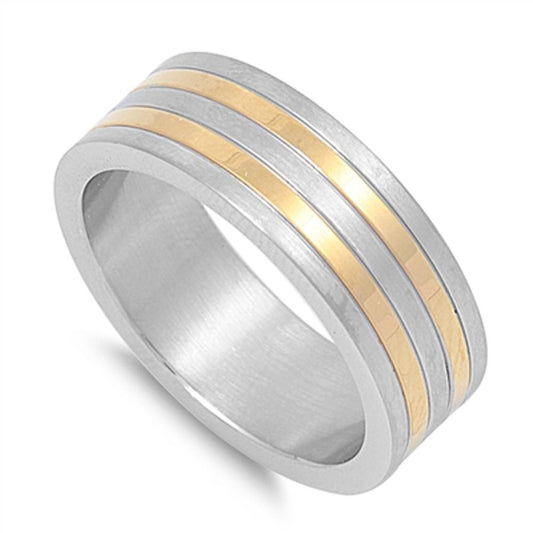 Gold Tone Stripe Men's Wedding Ring New 316L Stainless Steel Band Sizes 6-12