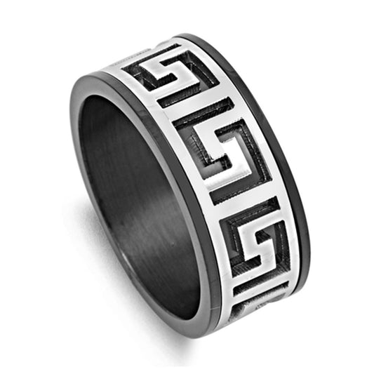 Black Greek Key Men's Wedding Ring New 316L Stainless Steel Flat Band Sizes 7-14