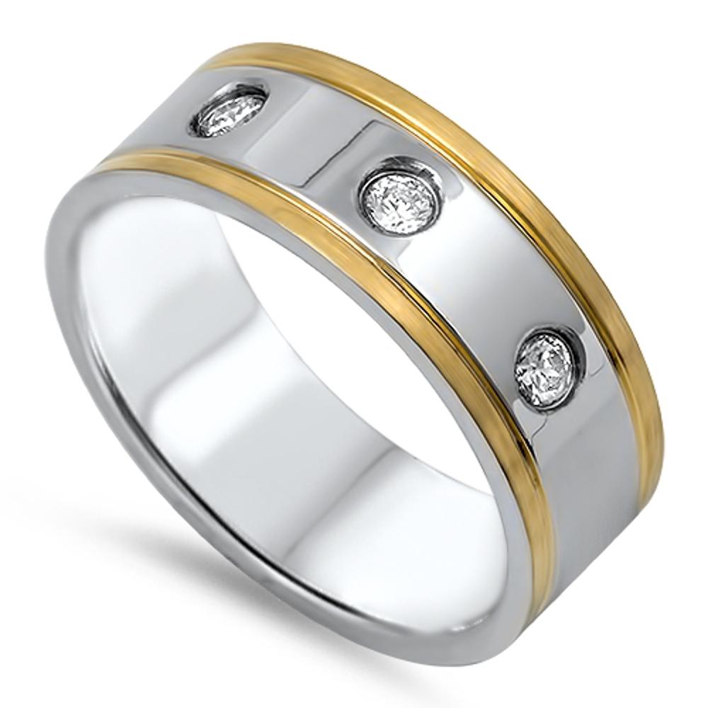 Gold Tone Clear CZ Men's Wedding Ring New 316L Stainless Steel Band Sizes 7-14