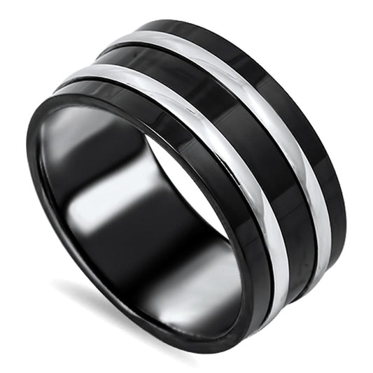 Black Silver Tone Stripe Men's Wedding Ring 316L Stainless Steel Band Sizes 7-14