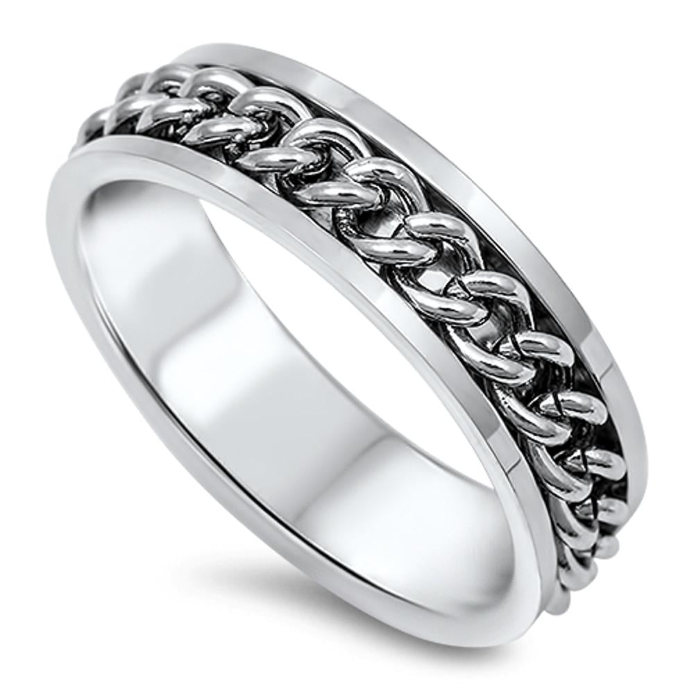 Men's Curb Link Chain Inlay Wedding Band Ring 316L Stainless Steel Sizes 7-13