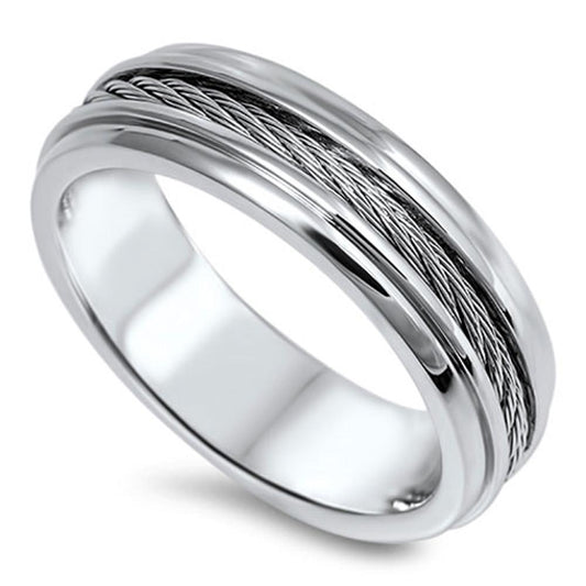 Silver Tone Rope Inlay Men's Wedding Ring 316L Stainless Steel Band Sizes 7-14