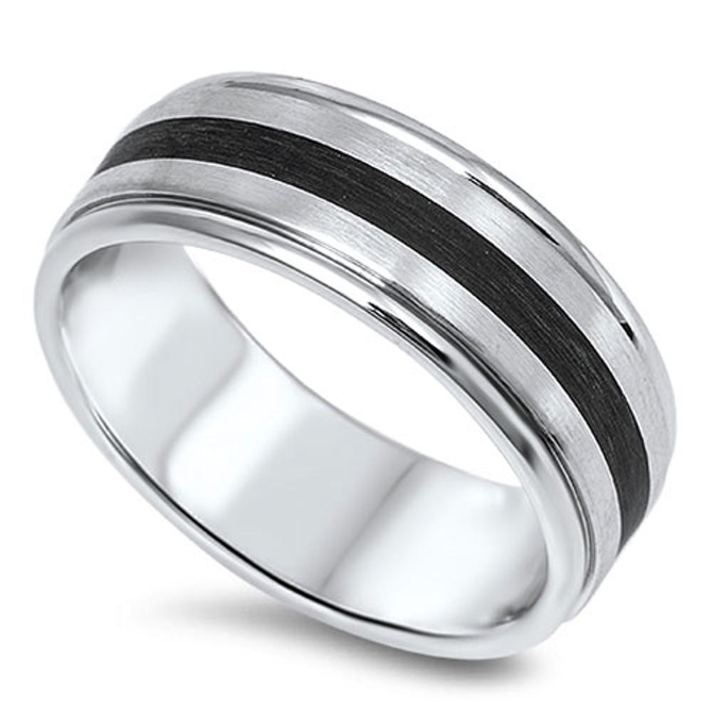 Men's Wedding Ring New 316L Stainless Steel Black Stripe Flat Band Sizes 7-14