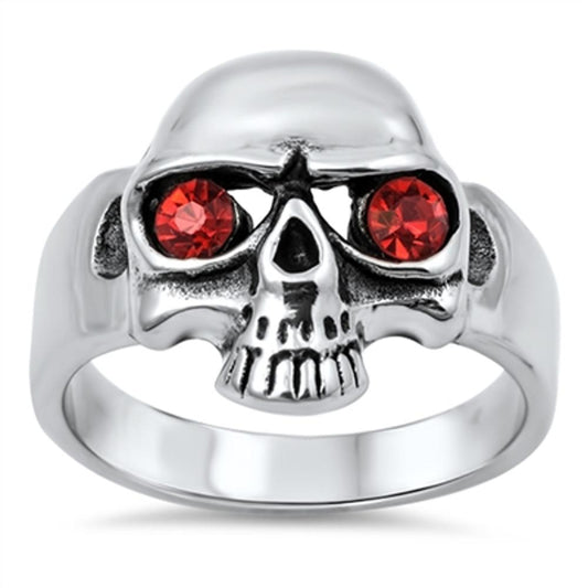 Biker Skull Ruby CZ Eyes Fashion Ring New 316L Stainless Steel Band Sizes 9-14