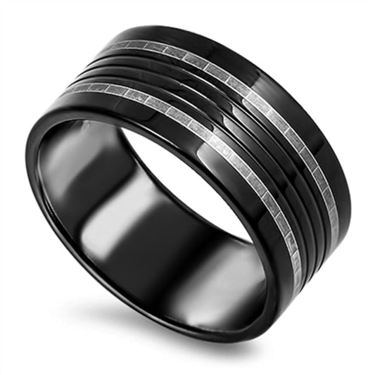 Black Silver Tone Grooved Men's Wedding Ring New Stainless Steel Band Sizes 7-14