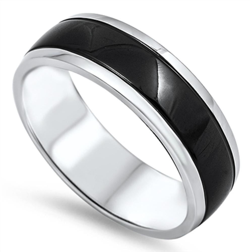 Men's Wedding Ring Black Stripe New 316L Stainless Steel Domed Band Sizes 6-14