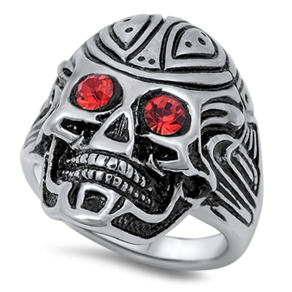 Bali Biker Skull Ruby CZ Eyes Classic Ring 316L Stainless Steel Band Sizes 8-15