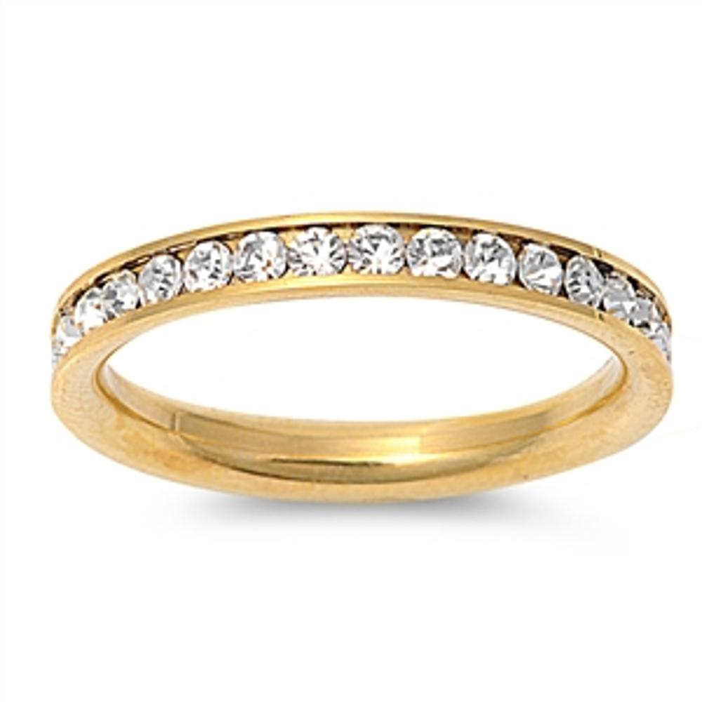 Gold Tone Eternity White CZ Stackable Ring 316L Stainless Steel Band Sizes 3-10