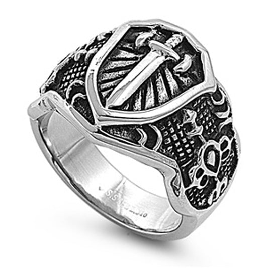 Mens Heavy Sword Shield Biker Ring Stainless Steel Band New USA 19mm Sizes 9-14