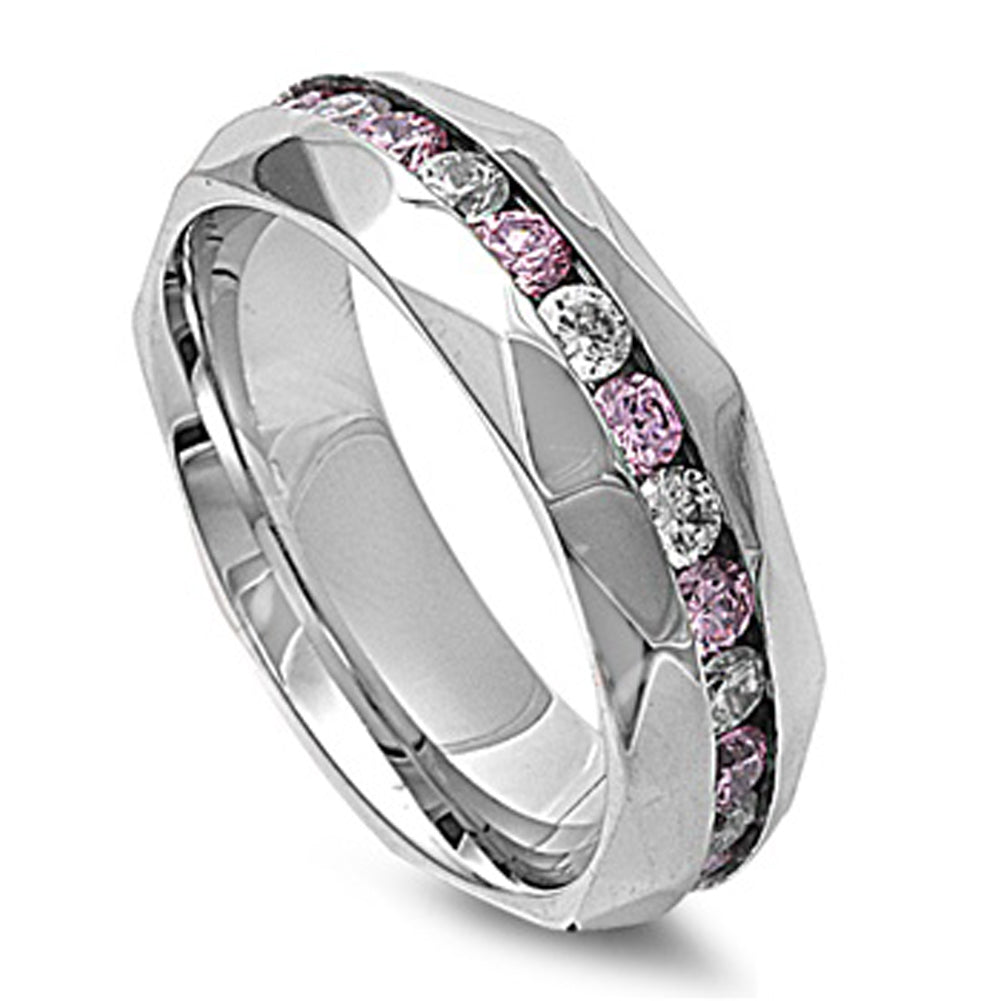 Woman's Pink Clear CZ Ring Classic Polished Stainless Steel Band 8mm Sizes 7-13