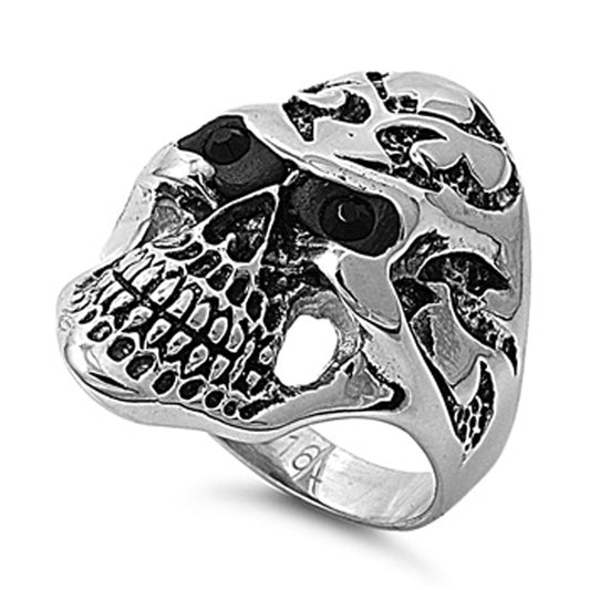 Men's Heavy Biker Skull Black CZ Eyes Ring Stainless Steel Band 33mm Sizes 8-14