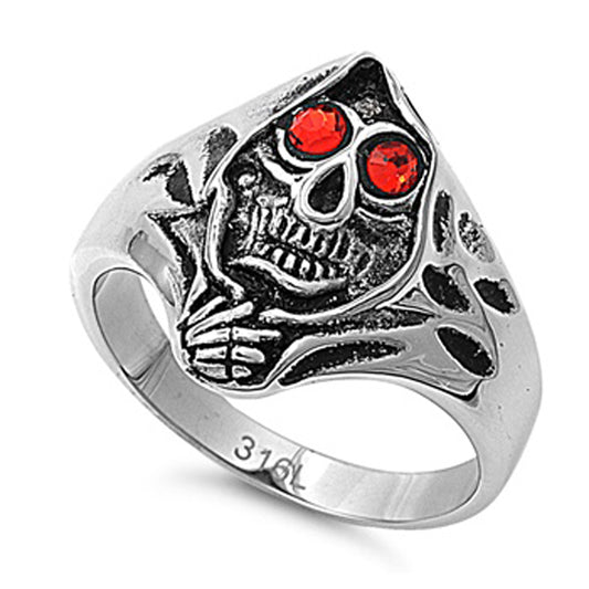 Men's Heavy Biker Hooded Skull CZ Ring Stainless Steel Band New 23mm Sizes 8-15